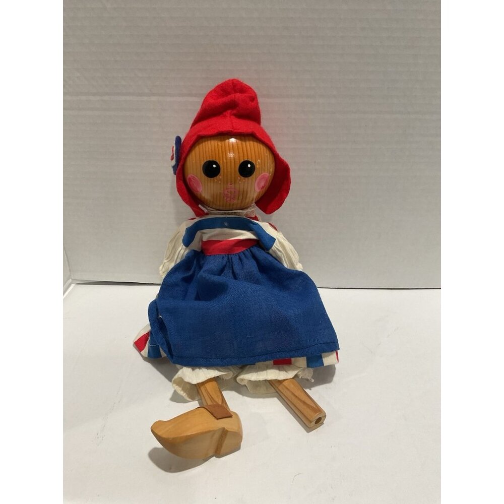 Dutch Wooden Doll (Missing 1 Foot) Red, White & Blue Handpainted 14”